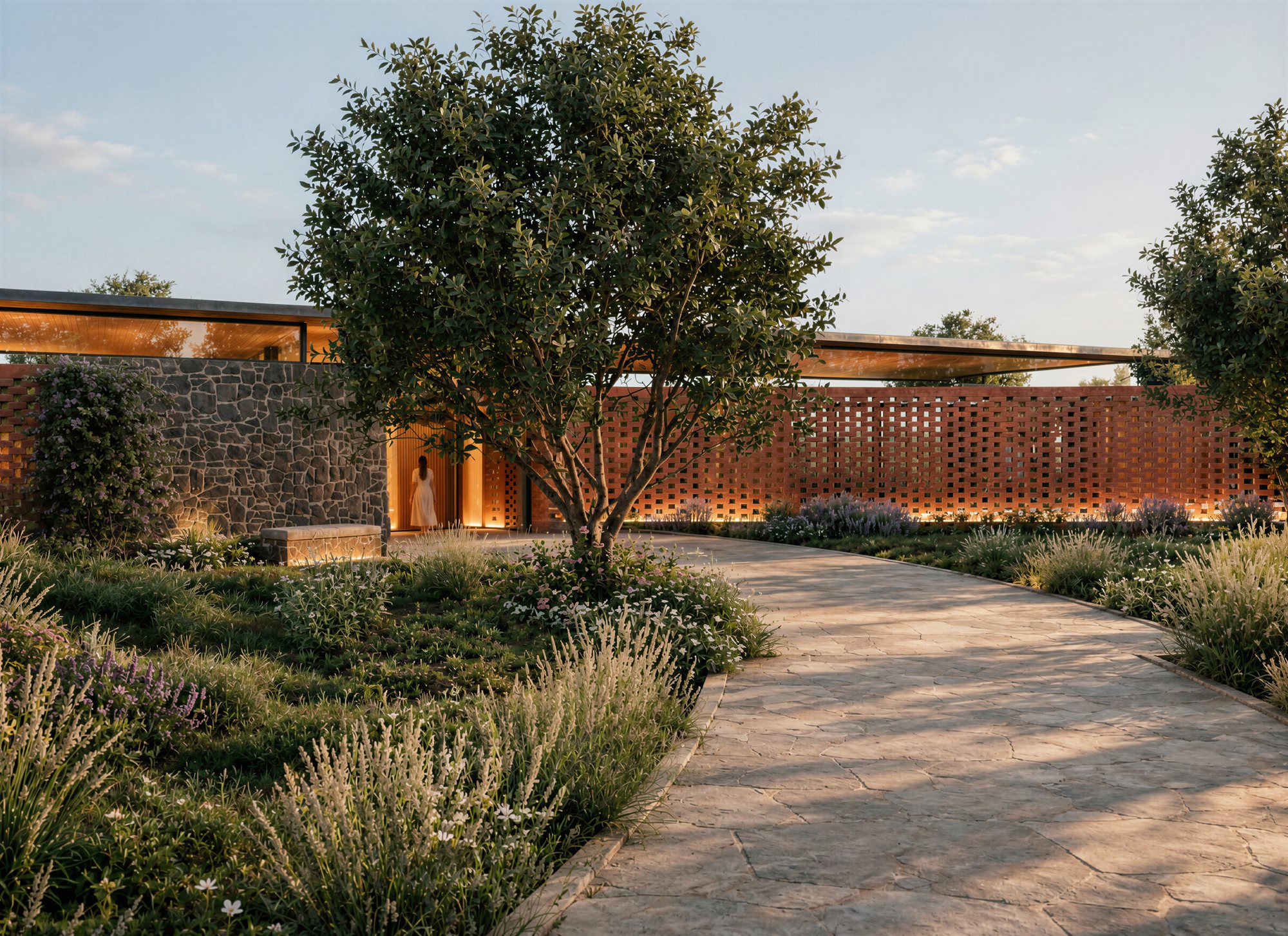 Clubhouse with stone and brick-screen walls beside a paved garden walk