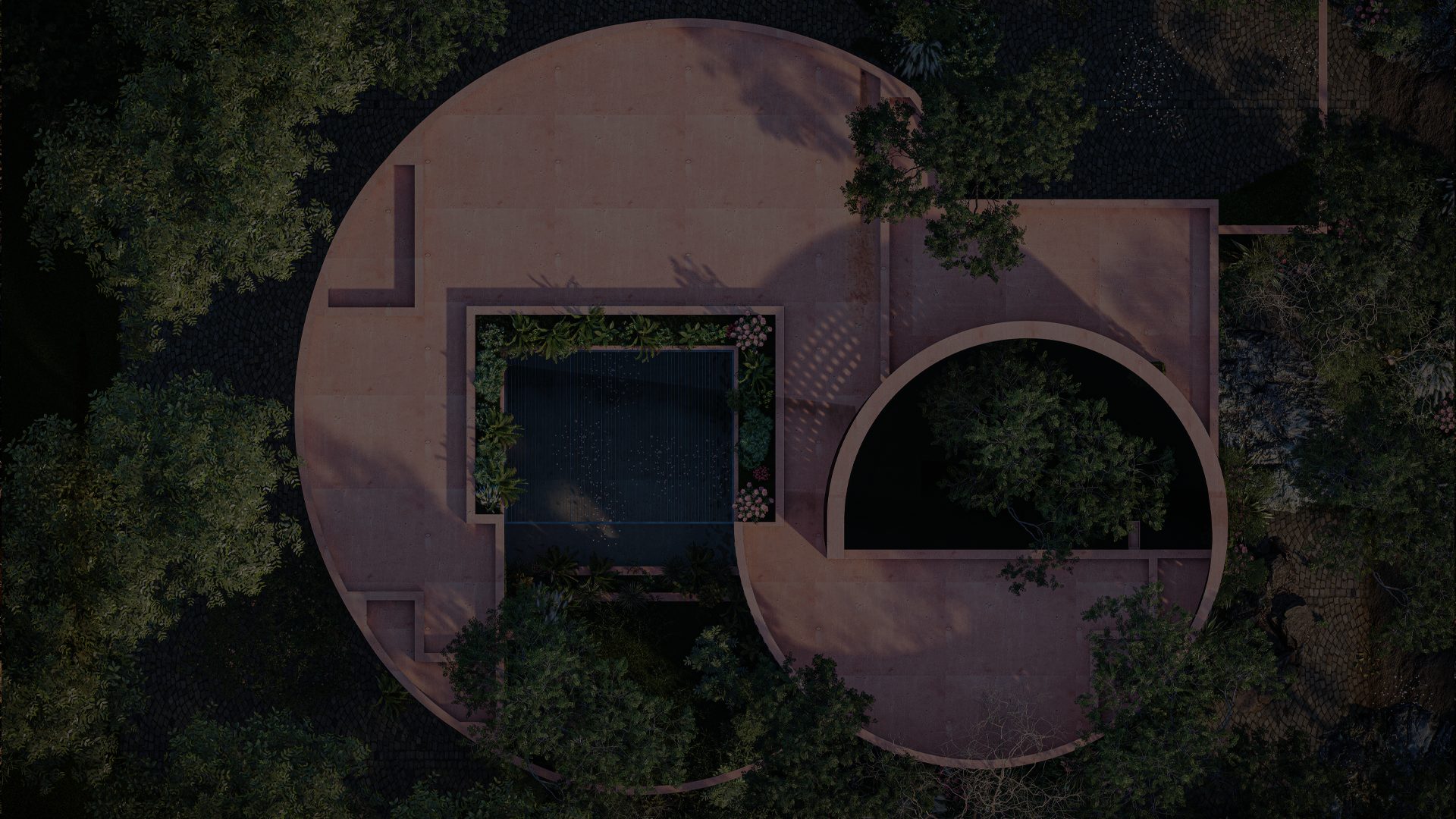 Top view of the circular cottage with courtyards