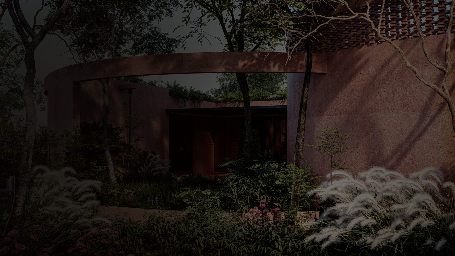 Farm cottage with earthen walls and native planting