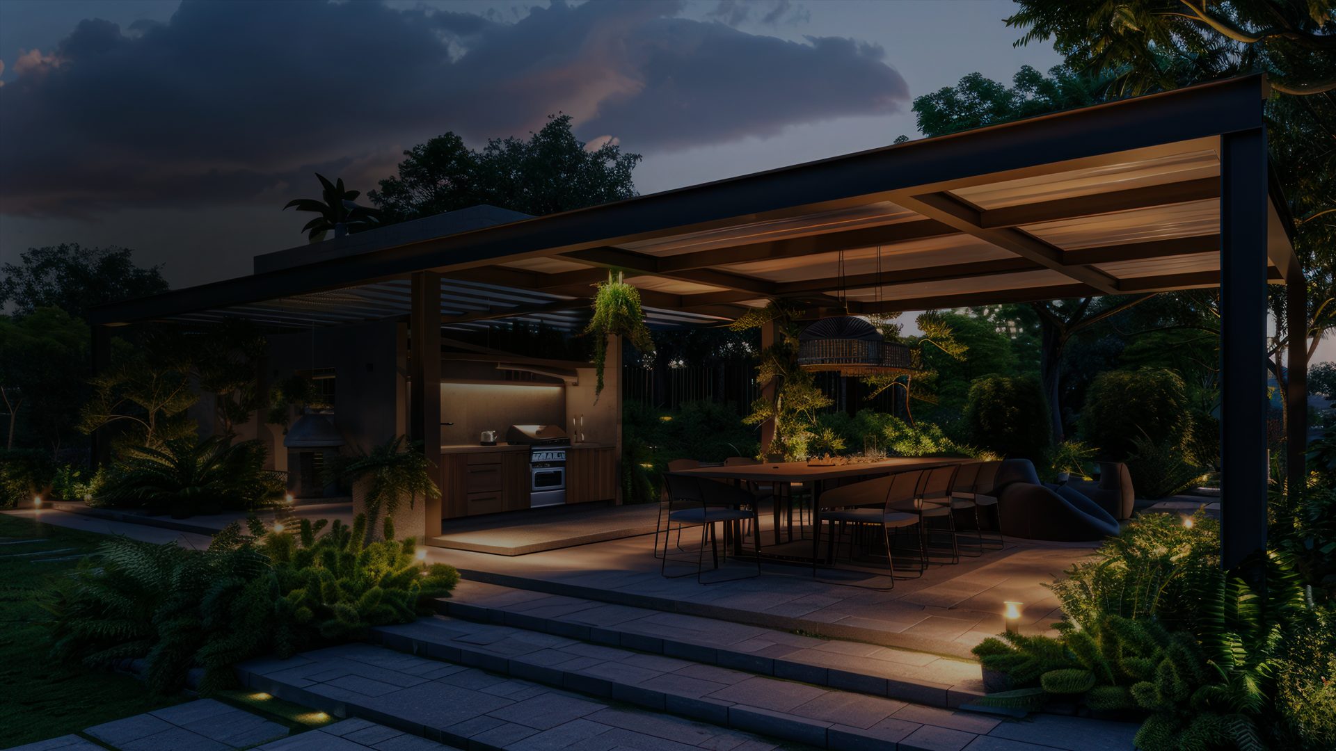 Open-air dining pergola at dusk