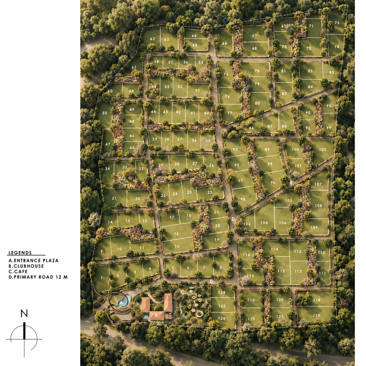 The Quiet Estate masterplan with numbered farm plots, entrance plaza, clubhouse and cafe